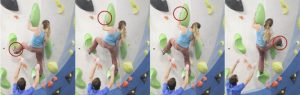 La escaladora experimenta nuevas posiciones que le permiten reajustar sus agarres.¿Es esta la razón por la que decide volver a intentar de nuevo el talón?