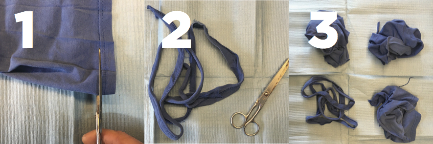 Extiende la camiseta y corta puños, cuello y cintura (1), quita los hilos sobrantes (2) y separa los tipos (3).